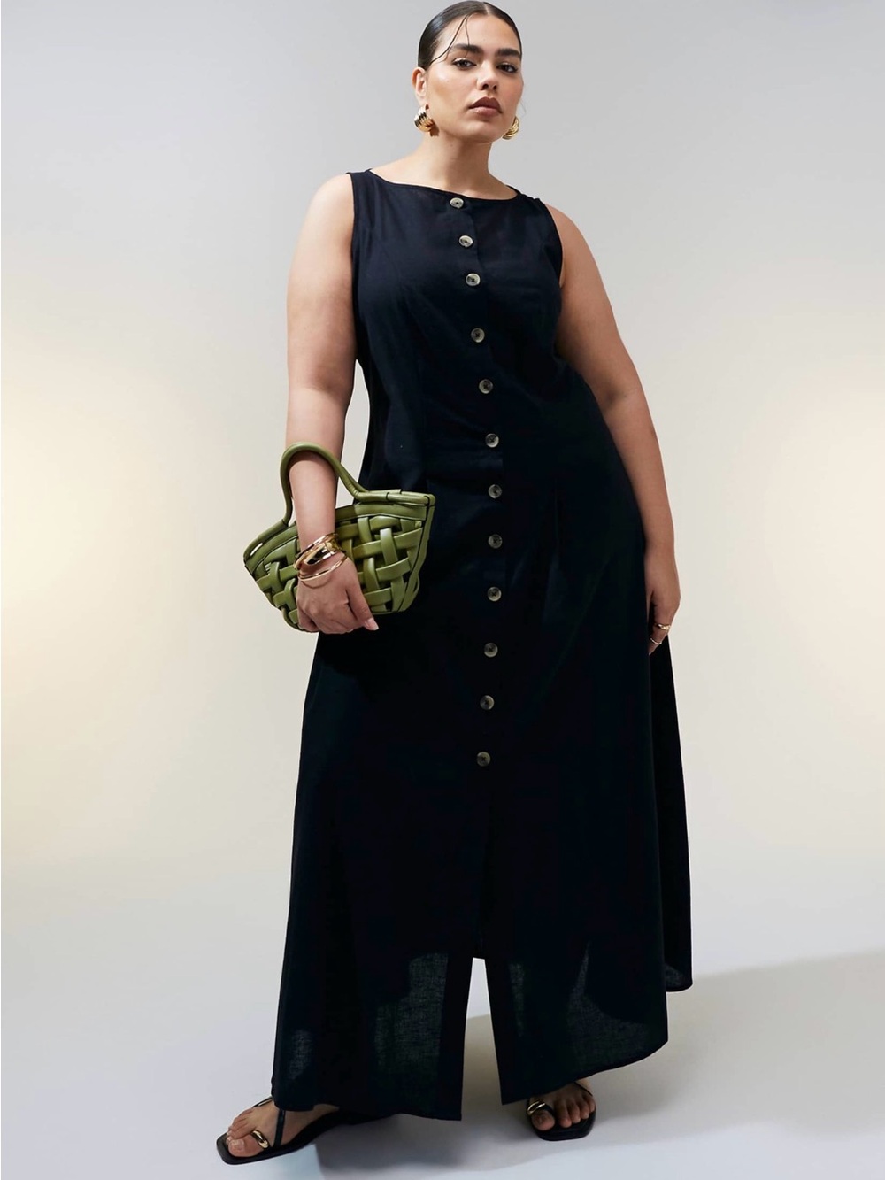 ASOS Curve slash neck button down vest maxi sundress in black